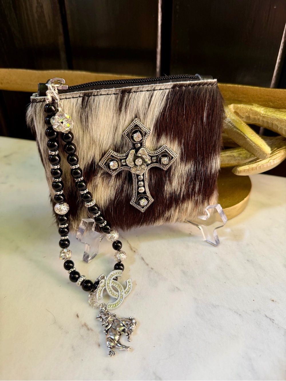 OOAK GENUINE COWHIDE LEATHER WRISTLET Wallet CC Western Rodeo Glam Hair on Hide